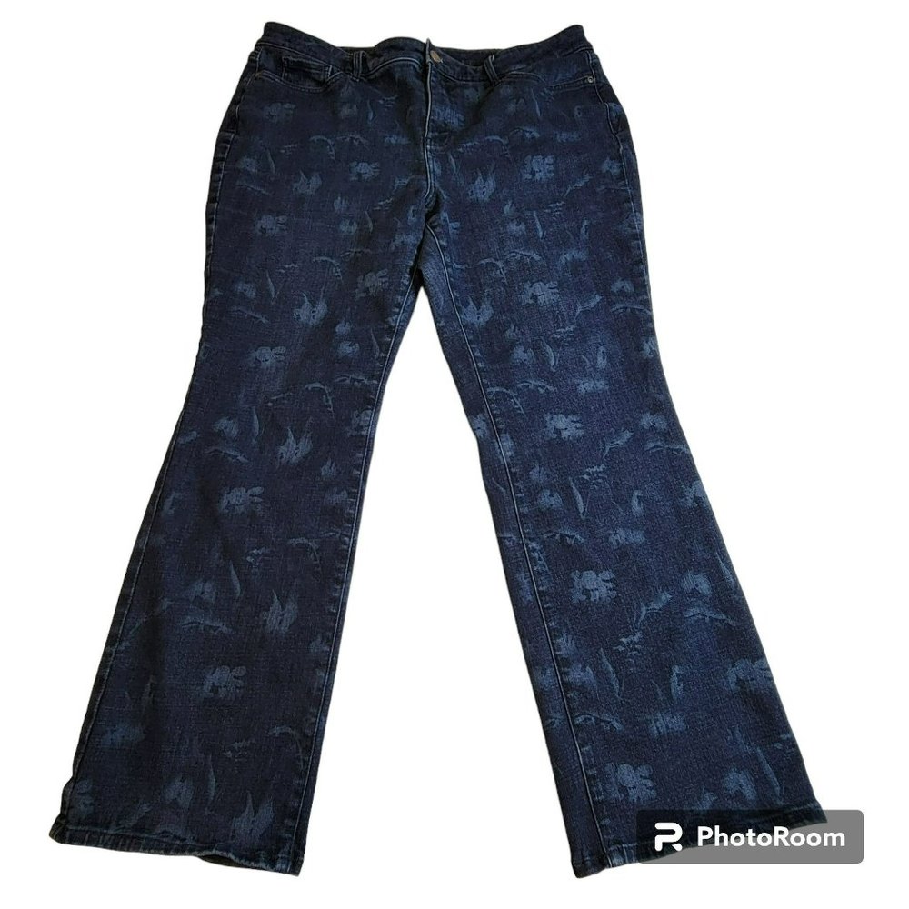 NYDJ Jeans, Women 18P, Denim w/Abstract Leaf Print, LiftxTuck Tech, Straight,EUC - Picture 3 of 14